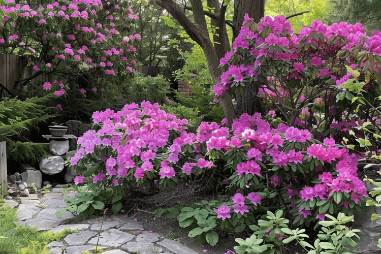 Rhododendrons spring garden inspiration with wild garlic and bluebells