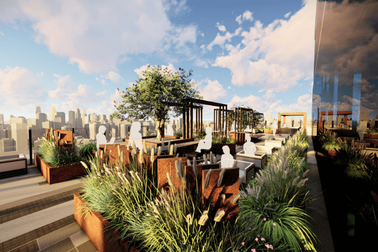 Concept of an outdoor rooftop social space in a city