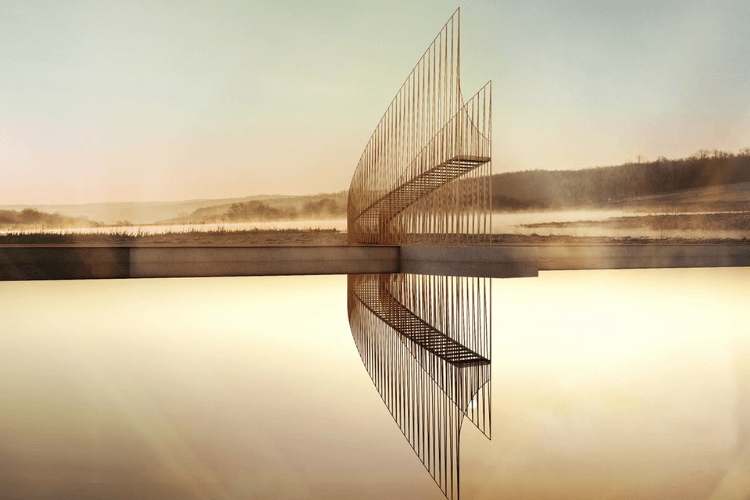 Misty stairs sculpture mirrored in reflection of a lake
