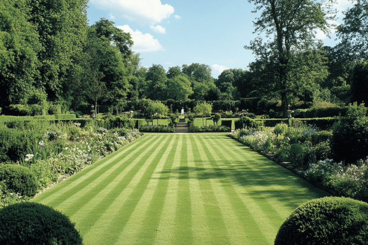 Pristine striped lawn in a luxury UK garden, ideal year-round care.